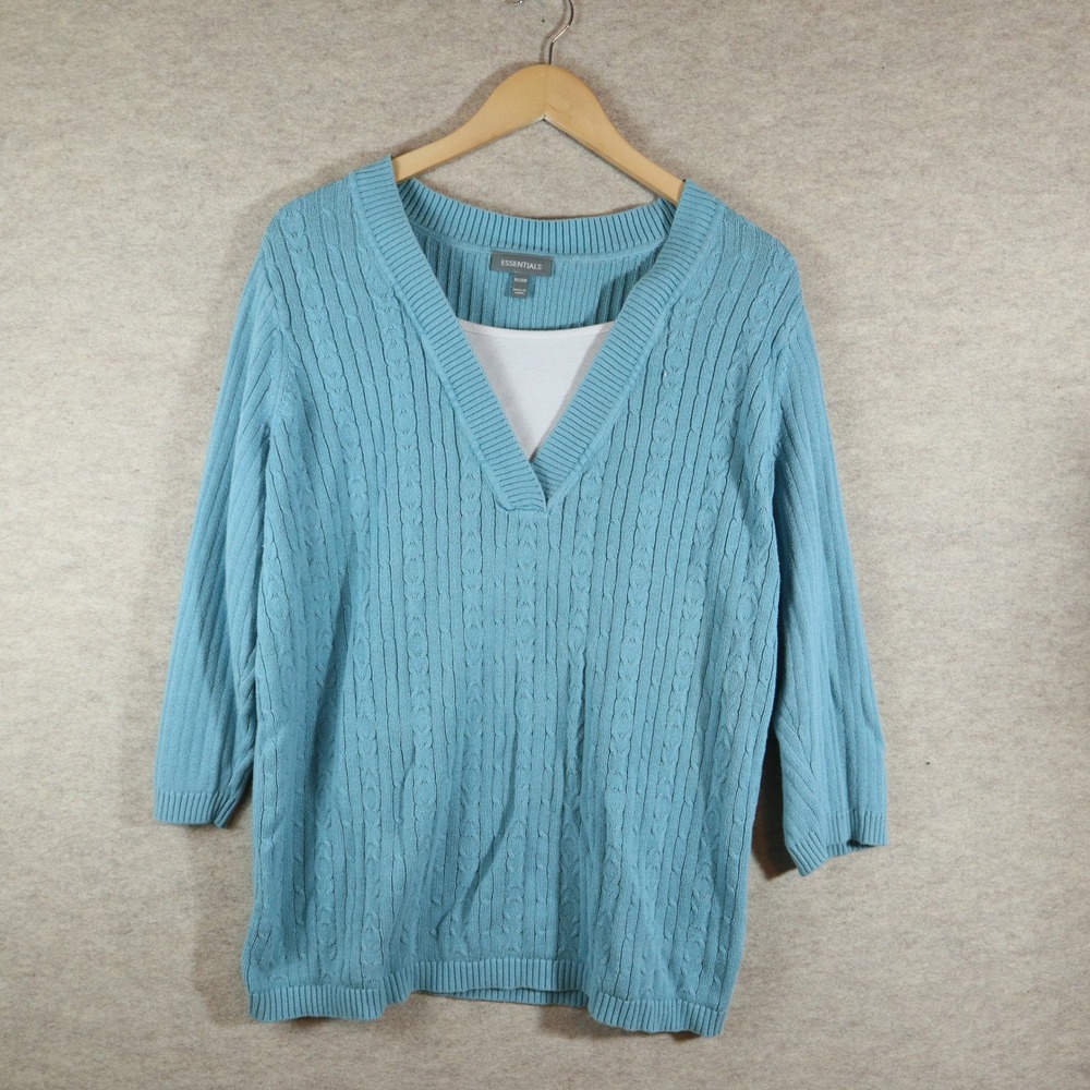 Essentials Sweater 18/20W Layered V-Neck Y2K Cable Knit 3/4 Sleeve Blue